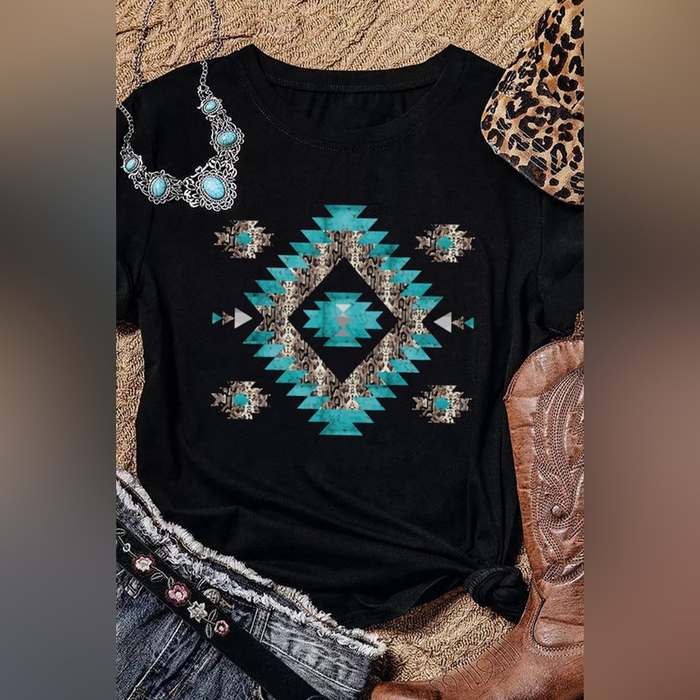 Black Western Aztec Printed Crewneck Graphic Tee - Picture 3 of 5
